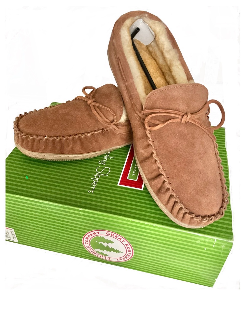 BNWT Great NW Clothing Co Tan Suede Leather Moccasin Shearling Slippers for Men